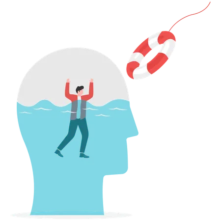 Man floating with lifesaver waves for help  Illustration