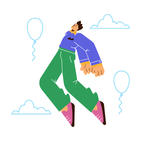 Man flying among clouds and balloons  Illustration