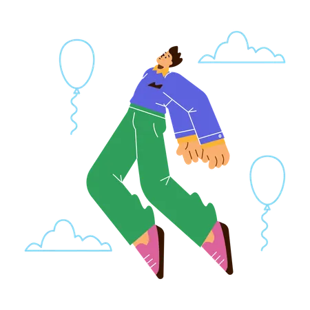 Man flying among clouds and balloons  Illustration