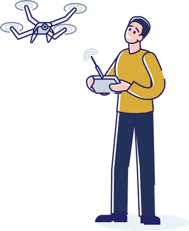 Young Man With Quadrocopter Or Drone Guy Holding Remote Controller Of Drone Hovering In The Sky Cartoon Character With Modern Robotic Gadget Over White Background Liner Vector Illustration Illustration