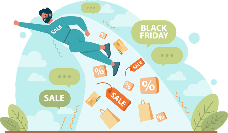Man flying in air for shopping sale  Illustration