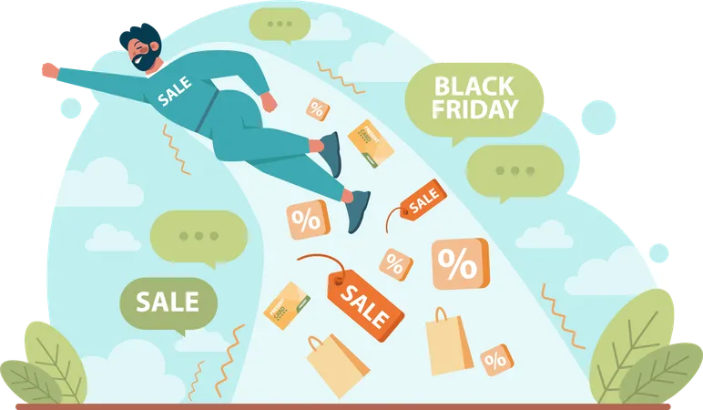 Man flying in air for shopping sale  Illustration