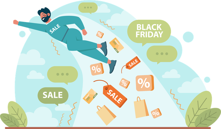 Man flying in air for shopping sale  イラスト