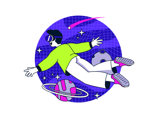 Man flying in space using VR glasses  Illustration