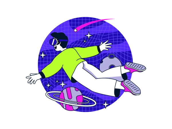 Man flying in space using VR glasses  Illustration