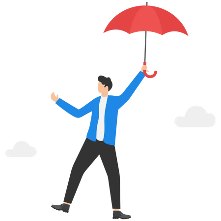 Man Flying In The Sky Above The City With A Red Umbrella In His Hand Concept Business Illustration Vector Flat Illustration