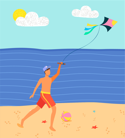 Man flying kites on beach  Illustration