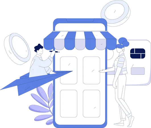 Man flying on paper plane while girl doing mobile payment for shopping  Illustration