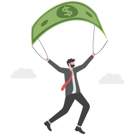 Man flying using bank note as parachute  Illustration