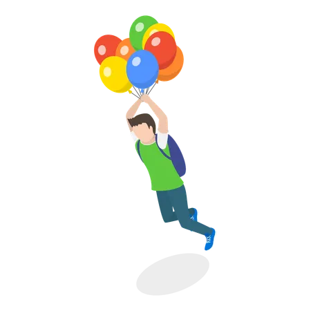 Man flying while holding balloon  Illustration