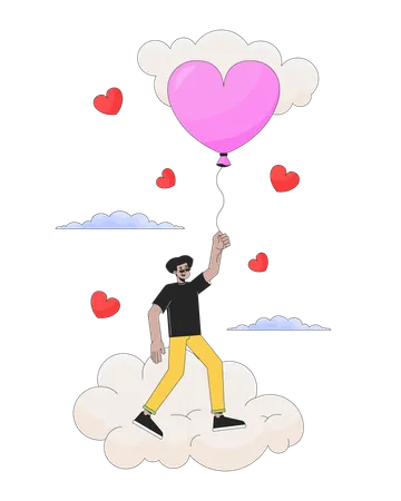Hispanic Man Flying With Balloon Above Clouds 2 D Linear Cartoon Character Cloudy Heart Baloon Male Latin American Isolated Line Vector Person White Background Dreamy Color Flat Spot Illustration Illustration