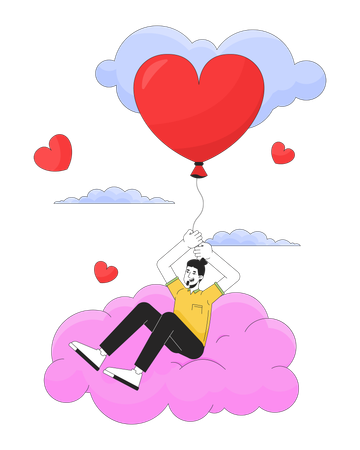 Man flying with balloon in clouds  Illustration
