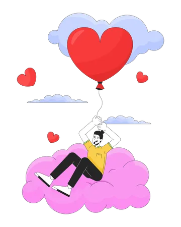 Caucasian Man Flying With Balloon In Clouds 2 D Linear Cartoon Character Cloudy Heart Shaped Baloon European Male Isolated Line Vector Person White Background Dreamy Color Flat Spot Illustration Illustration
