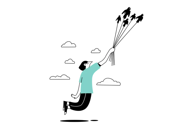 Man flying with birds  Illustration