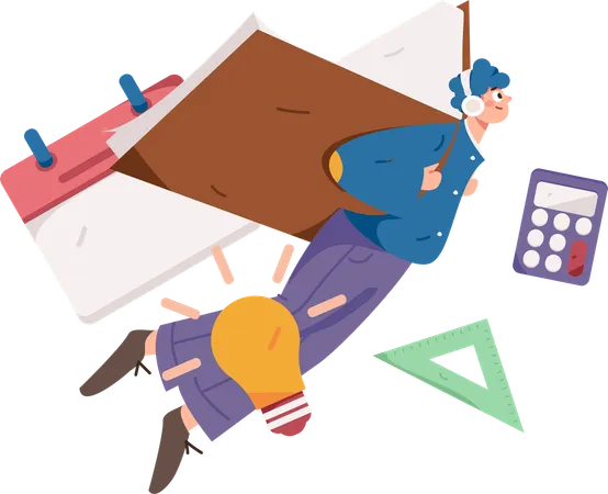 Man flying with book while taking creative education  Illustration