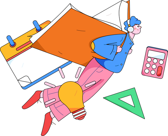 Man flying with book while taking creative education  Illustration