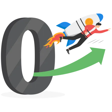 Businessman Flying From Zero With Green Arrow Going Up Starting A New Business Startup Concept Illustration