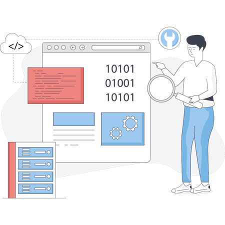 Man focused on a computer screen displaying lines of code indicating programming or software development work  Illustration