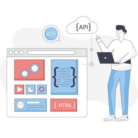 Man focused on designing a website while using a mobile app on his device  Illustration