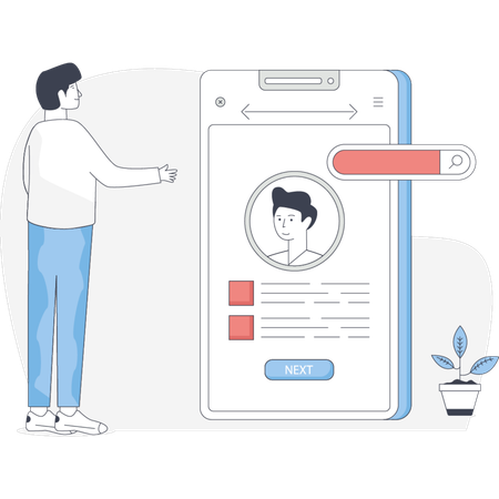 Man focused on his phone applying for a job with a determined expression in a well-lit indoor setting  Illustration