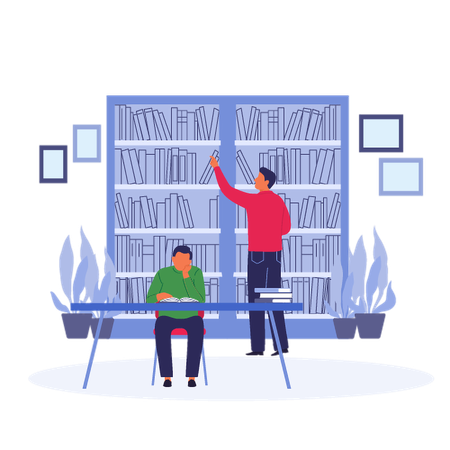 Man Focused Study in Library  Illustration