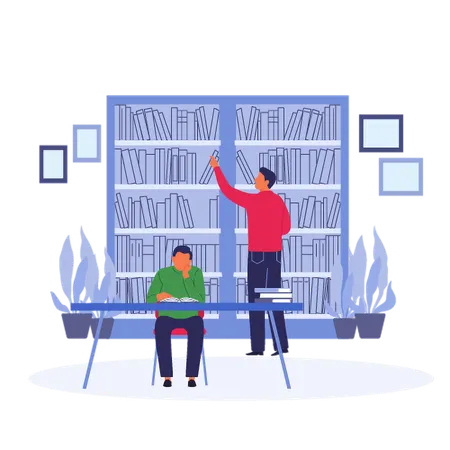 Man Focused Study in Library  Illustration