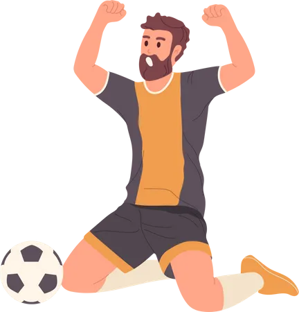 Excited Happy Man Football Player Sitting On Floor Nearby Soccer Ball With Raised Hands Up Screaming Celebrating Goal Score Isolated On White Vector Illustration Victory Celebration In Championship Illustration