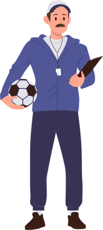 Man Football Teacher Cartoon Character Holding Ball And Clipboard Isolated On White Background Male Soccer Coacher In Uniform With Whistle Vector Illustration Sport Education And Learning Concept Illustration