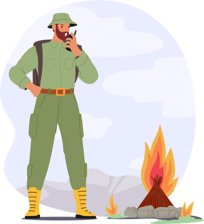 Man forest ranger  reporting on radio walkie-talkie about open fire among natural park  Illustration