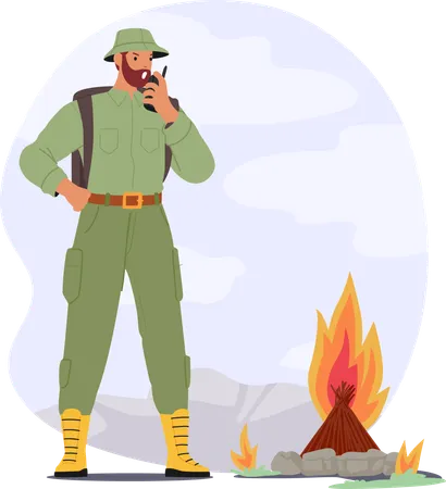 Man forest ranger  reporting on radio walkie-talkie about open fire among natural park  Illustration