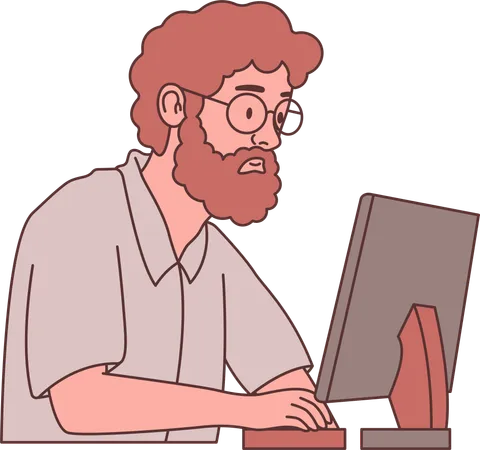 Man Freelance Employee Character Wearing Glasses Working with Computer  Illustration