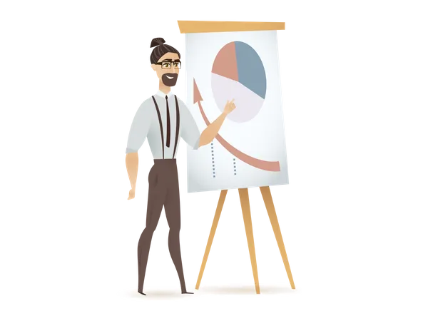 Man Freelancer Pointing Flip Chart With Diagram Trendy Male Freelance Coworker Character Standing Near Whiteboard Showing Graph Making Presentation Cartoon Flat Vector Illustration Illustration