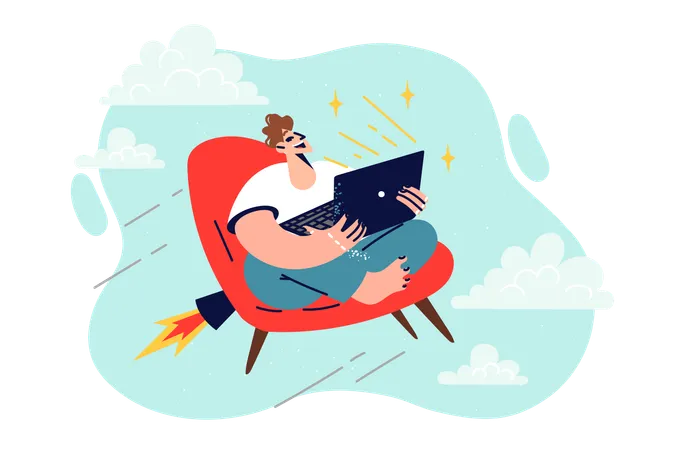 Man Freelancer With Laptop Does Work Via Internet Sits In Chair Flying In Sky Among Clouds Guy Is Freelancer Or Online College Student Progresses Thanks To Good Computer Skills Illustration