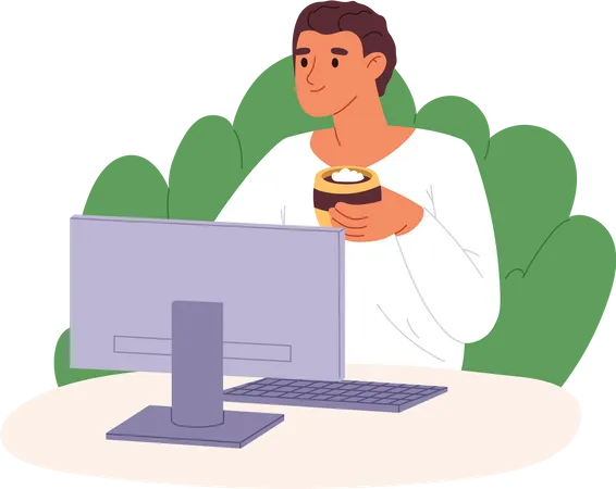 Man Freelancer Work At Computer Drinking Coffee Young Programmer Or Web Designer Hold Mug With Beverage Sitting At Pc On Workplace In Cafe Or At Home Cartoon Flat Vector Illustration Illustration