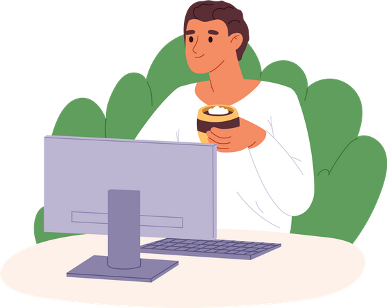 Man freelancer work at computer drinking coffee  Illustration