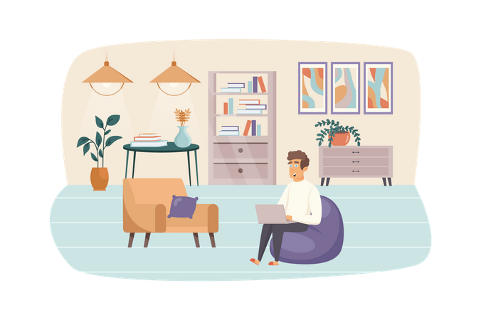 Man freelancer working at laptop, sitting in bag chair at home office Illustration