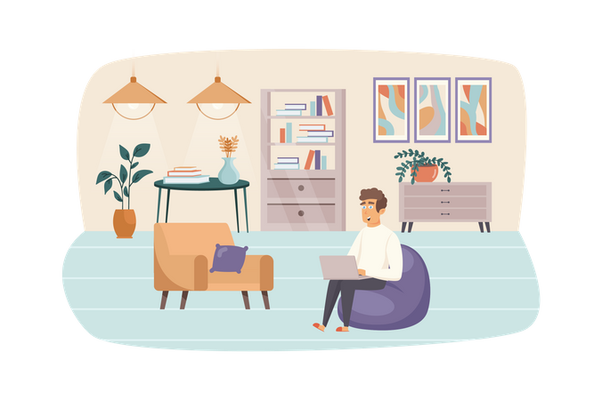 Man freelancer working at laptop, sitting in bag chair at home office  일러스트레이션