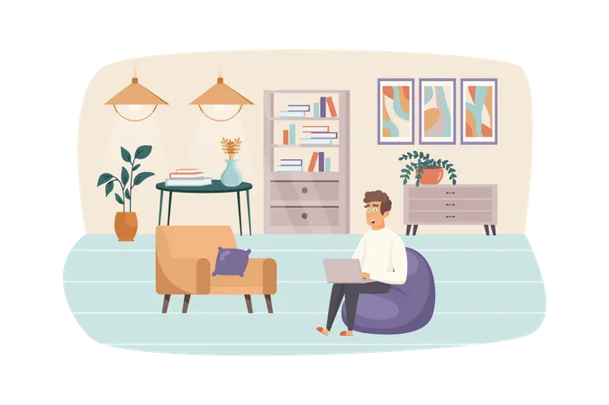 Man freelancer working at laptop, sitting in bag chair at home office  Illustration