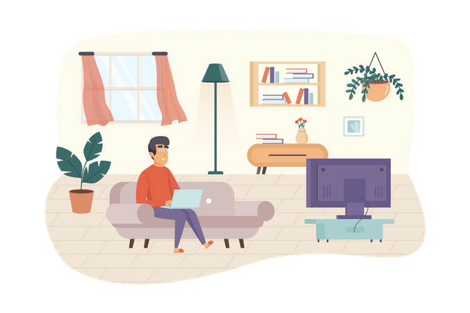 Man freelancer working at laptop, sitting on sofa in living room Illustration