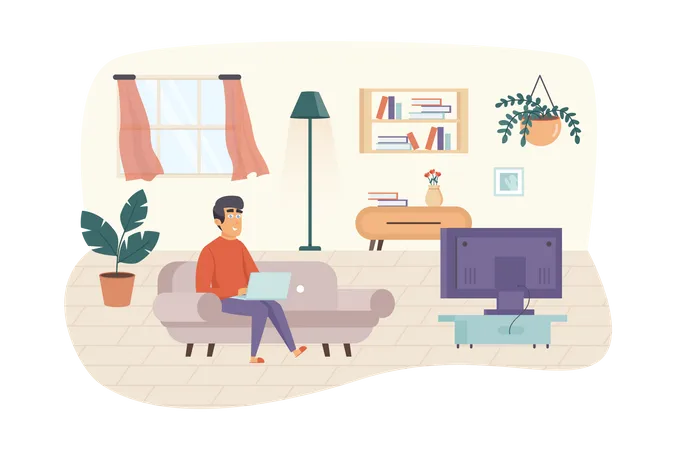 Man freelancer working at laptop, sitting on sofa in living room  Illustration