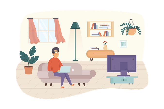 Man freelancer working at laptop, sitting on sofa in living room  Illustration