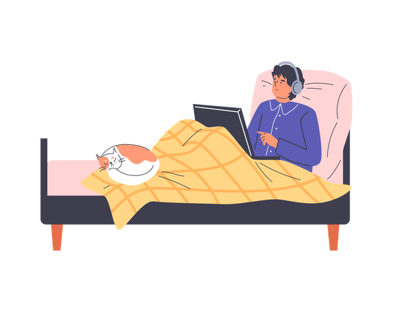ベッドで仕事をするフリーランサーの男性  イラスト
