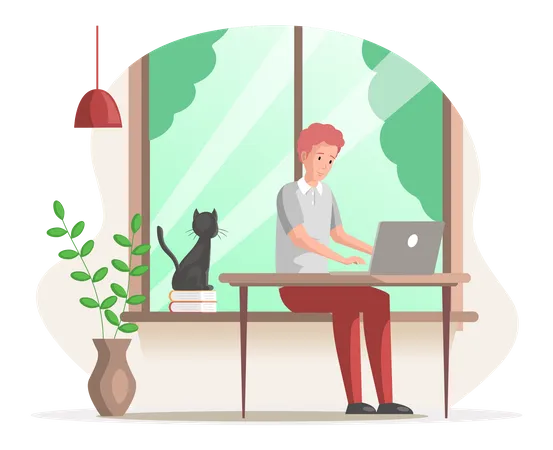 Man Freelancer Working Or Studying At Laptop Remote Worker With Tablet Pc Student In Living Room With Cat Businessman Person Employee Sitting At Table Typing With Keyboard Communicates On Internet Illustration