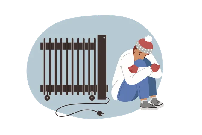 Man freezing sitting near non-working electric radiator during power outage in house  Illustration
