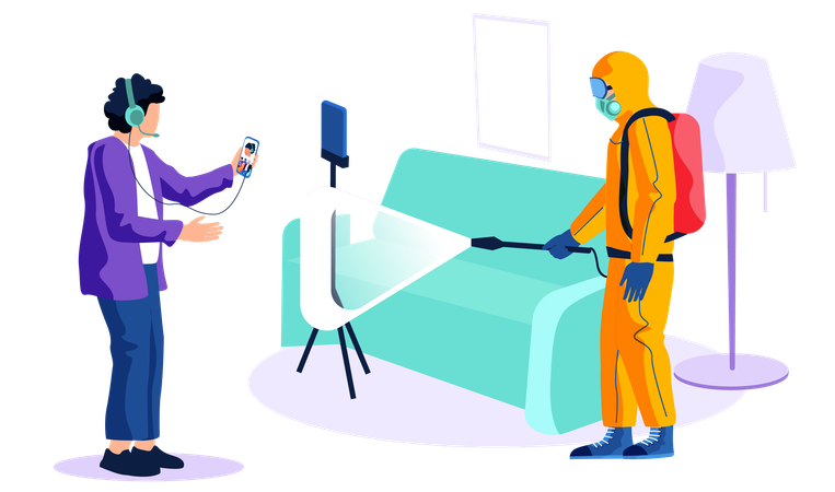 Man from epidemiological service doing disinfection at recording studio to kill viruses and bacteria  Illustration