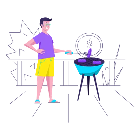 Man frying sausages on vacation  Illustration