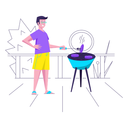 Man frying sausages on vacation  Illustration