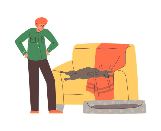 Man furious because his dog sleeps on sofa  Illustration