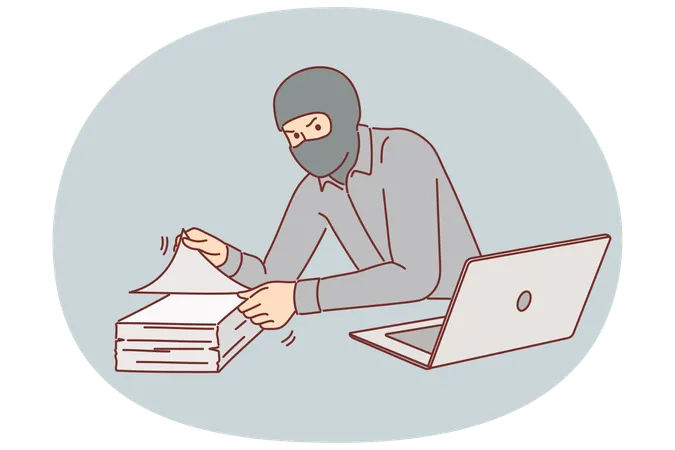 Man gangster steals documents from office building wearing mask to hide face and remain anonymous  Illustration