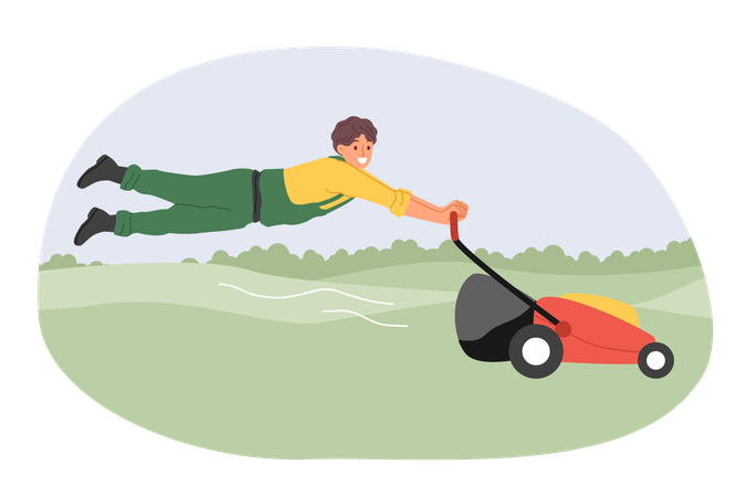 Man gardener uses powerful lawn mower to maintain grass of public park or golf course  Illustration